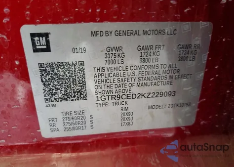 2019 GMC Sierra K1500 Elevation z USA, uszkodzony, nr VIN 1GTR9CED2KZ229093